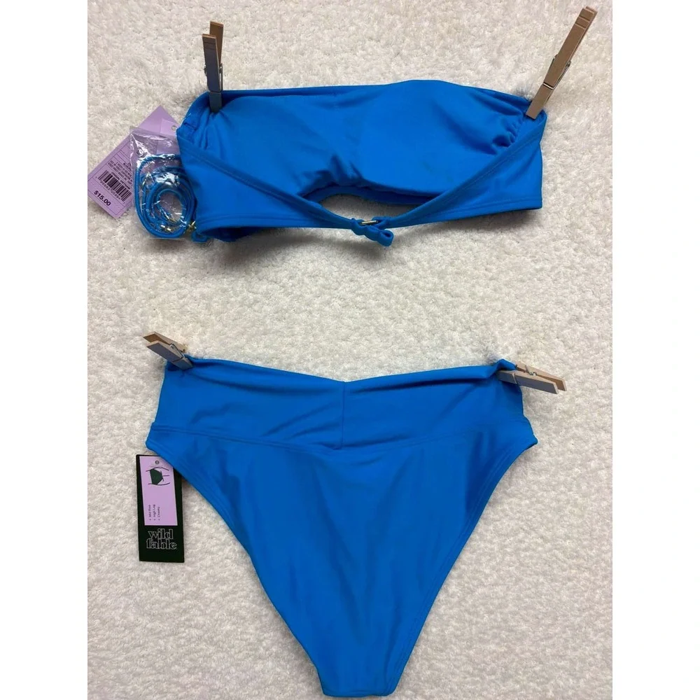 Wild Fable Blue Bandeau Bikini Set V-Front Cheeky High Leg NWT Womens Small